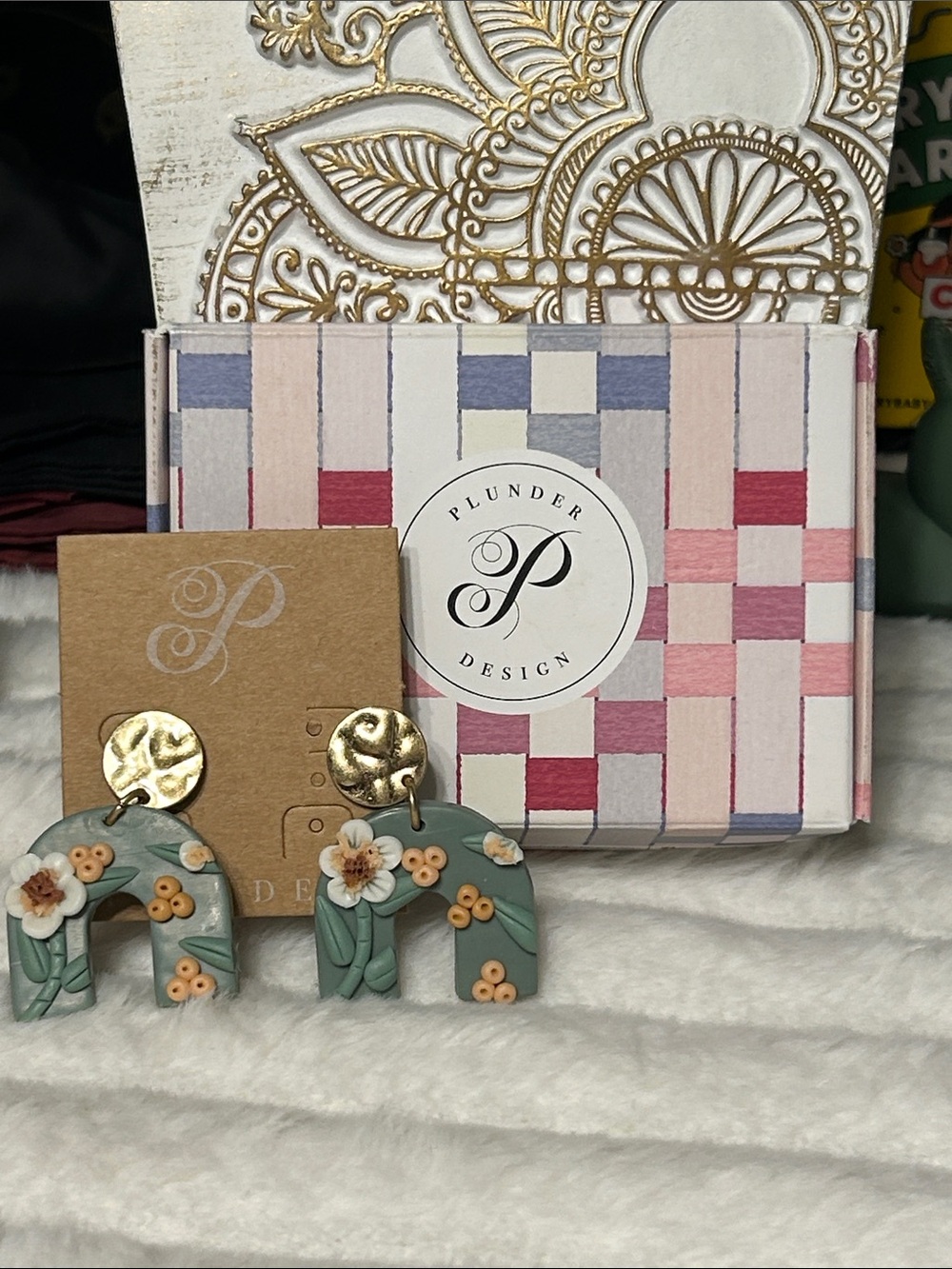 Plunder Green Floral Arch Drop Earrings with Gold Discs